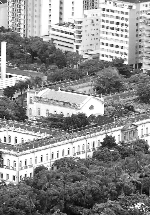 Vista do alto de um edifício neoclássico com pátios internos, entre árvores, diante de prédios residenciais.